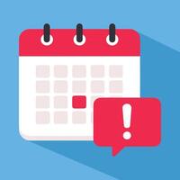 Calendar notification icon. Flat of a calendar with an alert for deadlines, scheduling, events, reminders, and agenda notes. vector