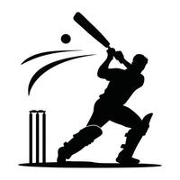 Silhouette of a cricket batsman executing a powerful ground stroke. Dynamic pose capturing motion and precision. Perfect for sports graphics, team logos, and tournament designs. vector