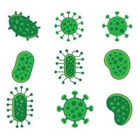 Green bacteria and germs set isolated on white background. Collection of various microbe shapes and designs, perfect for science, biology, or medical theme. vector