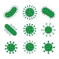 Green bacteria and germs set isolated on white background. Collection of various microbe shapes and designs, perfect for science, biology, medical design. vector