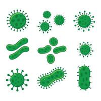 Green bacteria and germs set isolated on white background. Collection of various microbe shapes and designs. vector