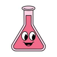 Kawaii school lab flask illustration. Cute smiling chemistry flask with liquid inside, isolated on white background. Perfect for science, education, and school designs. vector