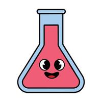Kawaii school lab flask with a cheerful expression, filled with bubbly liquid. Cute and simple cartoon science icon, isolated on white background. vector