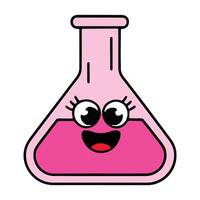 Cute kawaii school lab flask with a happy face, filled with liquid. Adorable cartoon science icon, isolated on white background. vector