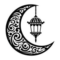 Ramadan Kareem design with a crescent moon and hanging lanterns. Elegant Islamic decoration for festive greetings. vector