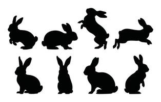 Set of different rabbit silhouettes, isolated on a white background. Various bunny poses for decorative and design use, perfect for logos, prints, and illustrations. vector