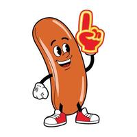 illustration of a sausage mascot character pointing a foam finger up. Fun and engaging design, perfect for sports-themed or food related projects. vector