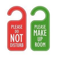 Please do not disturb and please make up room hanging sign symbol. Colorful hangers. Sleep time, make up room, busy label, hotel hanger, door instruction, warning card for room door. . vector