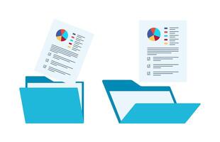 Open folder and documents, statistical data with charts, diagrams. Workplace documents for financial statistics, reporting, strategy development. Data analysis. vector