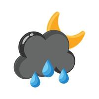 Latest 3d style icon showing rainy night cloud with drops and moon behind vector
