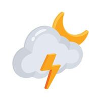 Download our premium 3d style icon of lightning cloud with moon vector