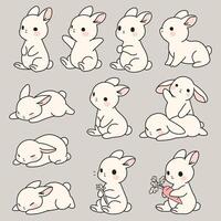 Cute Bunny Illustrations in Various Poses, Kawaii Rabbit Clipart Set vector