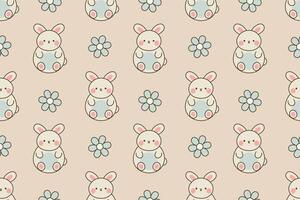 Cute Rabbit Seamless Repeat Pattern with Flowers on Beige Background vector