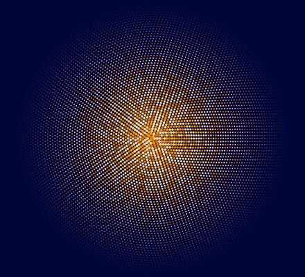 Abstract Halftone Dot Pattern with Orange and Peach Gradient on Dark Navy Blue Background, Digital Design