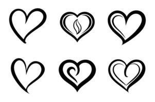 Six Unique Black and White Heart Designs with Decorative Patterns and Artistic Interpretations vector