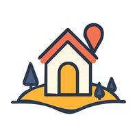 Abstract House with Trees and Location Pin Icon or Logo Design Template vector