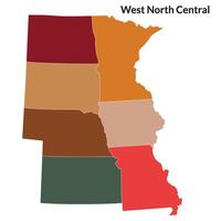US regions of West North central. Map of United States split into divisions of West North central with each state in multicolor. vector