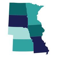 Map of United States split into divisions of West North central with each state in multicolor. vector