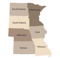US regions of West North central. Map of United States split into divisions of West North central with label each state in brown color. vector