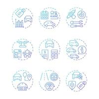 Car buying checklist blue gradient concept icons. Vehicle service, transport maintenance. Icon pack. Round shape illustrations for infographic, presentation. Abstract idea vector