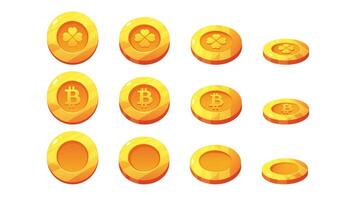 Set of cartoon gold coins. Coin with four-leaf clover, coin with bitcoin icon. illustrations on white background vector