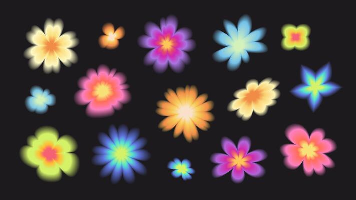 Cute flowers with blur effect in y2k style. Gradient flowers with neon aura, nostalgia for 2000s. botanical elements