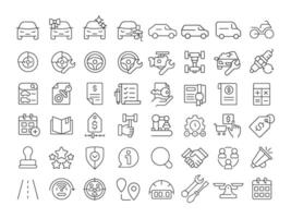 Dealerships linear icons set. Warranty protection, license documentation. Car maintenance, vehicle repair. Customizable thin line symbols. Isolated outline illustrations. Editable stroke vector