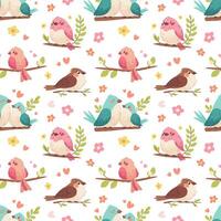 Spring seamless pattern with cute birds and flowers. Flat birds on white background. fabric swatch, wrapping vector