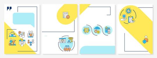 Travel risk management blue and yellow brochure template. Services for tourists to stay safe. Leaflet design with linear icons. Editable 4 layouts vector