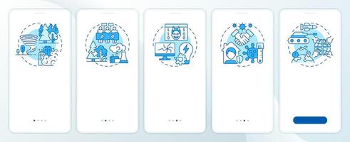 Types of critical event blue onboarding mobile app screen. Walkthrough 5 steps editable graphic instructions with linear concepts. UI, UX, GUI template vector