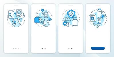 Travel risk management insights blue onboarding mobile app screen. Walkthrough 4 steps editable graphic instructions with linear concepts. UI, UX, GUI template vector