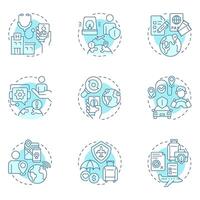 Travel risk management soft blue concept icons. Business journey security service. Tourist insurance policy. Icon pack. Round shape illustrations for presentation. Abstract idea vector