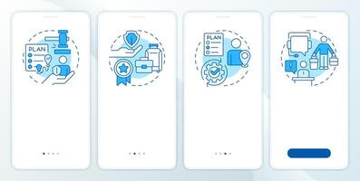 Travel risk management pros blue onboarding mobile app screen. Walkthrough 4 steps editable graphic instructions with linear concepts. UI, UX, GUI template vector