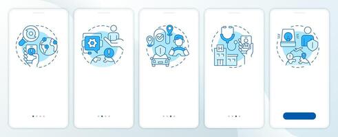 Travel risk management services blue onboarding mobile app screen. Walkthrough 5 steps editable graphic instructions with linear concepts. UI, UX, GUI template vector