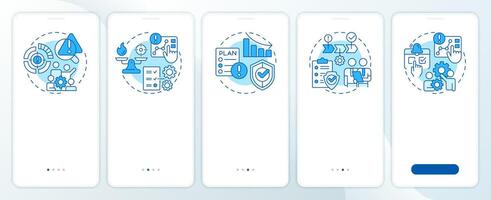 Risk management process blue onboarding mobile app screen. Walkthrough 5 steps editable graphic instructions with linear concepts. UI, UX, GUI template vector