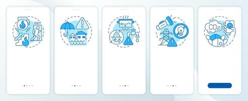 Safety and emergency alerts blue onboarding mobile app screen. Walkthrough 5 steps editable graphic instructions with linear concepts. UI, UX, GUI template vector