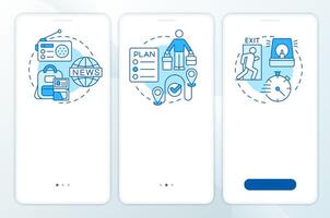 Evacuation levels blue onboarding mobile app screen. Emergency. Walkthrough 3 steps editable graphic instructions with linear concepts. UI, UX, GUI template vector