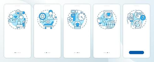 Quality of medical services blue onboarding mobile app screen. Walkthrough 5 steps editable graphic instructions with linear concepts. UI, UX, GUI template vector