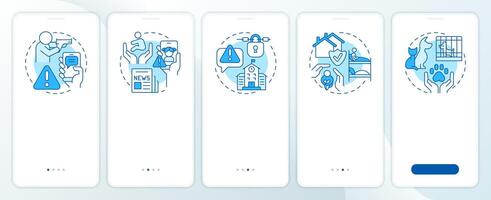 Public safety blue onboarding mobile app screen. Emergency. Walkthrough 5 steps editable graphic instructions with linear concepts. UI, UX, GUI template vector