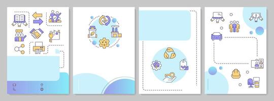 Sharing economy blue circle brochure template. Collaborative social system of resources using. Leaflet design with linear icons. Editable 4 layouts vector