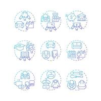 Sharing economy blue gradient concept icons. System of goods and services exchange. Resources management. Icon pack. Round shape illustrations for presentation. Abstract idea vector