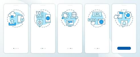 Characteristic of PWAs blue onboarding mobile app screen. Walkthrough 5 steps editable graphic instructions with linear concepts. UI, UX, GUI template vector