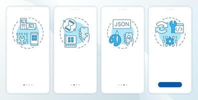 Components of PWAs blue onboarding mobile app screen. Development. Walkthrough 4 steps editable graphic instructions with linear concepts. UI, UX, GUI template vector