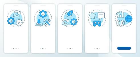 Pros of PWAs blue onboarding mobile app screen. Service benefits. Walkthrough 5 steps editable graphic instructions with linear concepts. UI, UX, GUI template vector