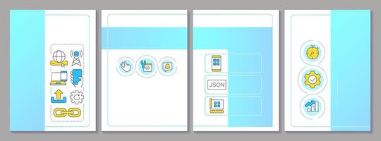 Progressive web applications blue brochure template. Platform software development. Technologies. Leaflet design with linear icons. Editable 4 layouts vector