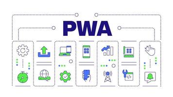 PWA word concept isolated on white. Progressive web application. Software development technology. Creative illustration banner surrounded by editable line colorful icons vector