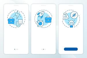 Career planning types blue onboarding mobile app screen. Walkthrough 3 steps editable graphic instructions with linear concepts. UI, UX, GUI template vector