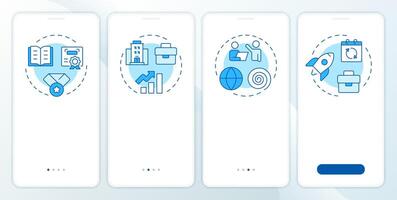 Career types blue onboarding mobile app screen. Walkthrough 4 steps editable graphic instructions with linear concepts. UI, UX, GUI template vector