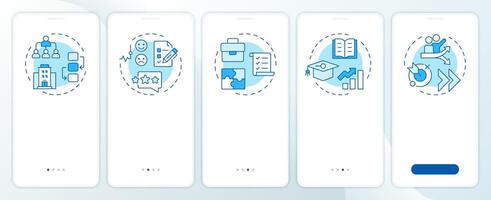 Career progression blue onboarding mobile app screen. Walkthrough 5 steps editable graphic instructions with linear concepts. UI, UX, GUI template vector