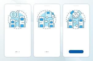 Intragroup transactions types blue onboarding mobile app screen. Walkthrough 3 steps editable graphic instructions with linear concepts. UI, UX, GUI template vector